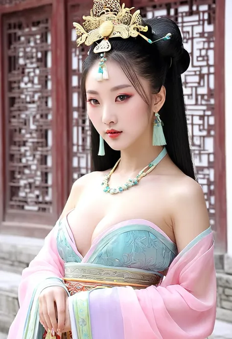 Ancient Chinese girl, beautiful and mysterious looking in a princess costume from the Tang Dynasty. Show off your beautiful breasts. ancient palace location