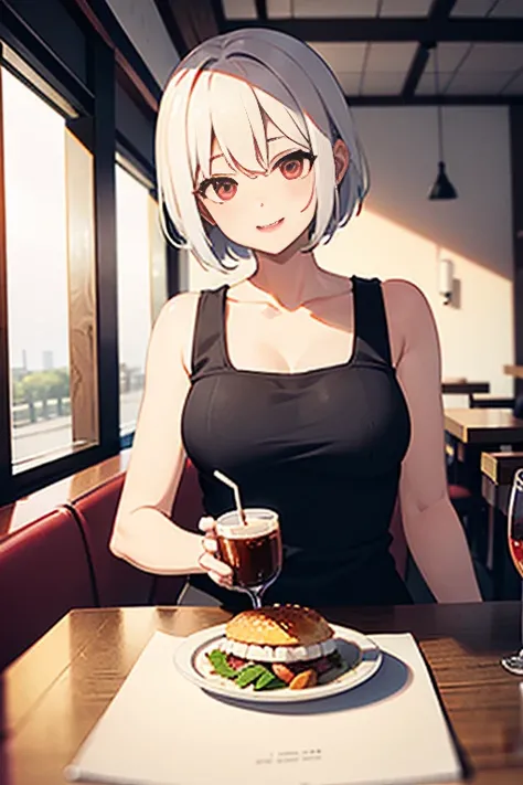 (happy)(white short hair)(red eye)(drinking in restaurant) 4k