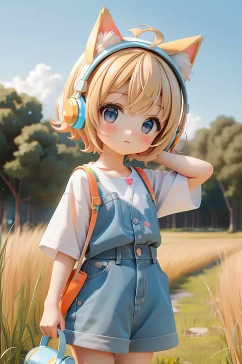 One girl、short hair、In the grassland、Light blue clothes、Wear cat ears and orange headphones on your head、Blonde