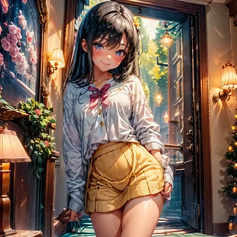 A young woman of ahe 18with long, straight black hair stands with a mischievous grin in a cozy, softly-lit room. Her cheeks are slightly flushed, hinting at a playful, lewd state of mind. She is wearing a white, fitted blouse that subtly accentuates her fi...