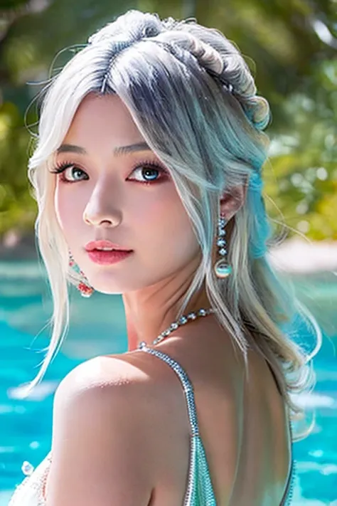 a girl wearing a beautiful pearl peach iridescent gown with shining crystals jewellery with sliver hair