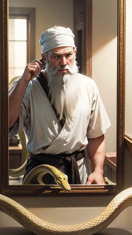 pharisee with white beard looking in the mirror, instead of the pharisee you see a snake