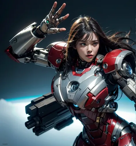 Textured skin, Super Detail, high details, High quality, Best Quality, hight resolution, 1080p, hard disk, Beautiful,(Iron Girl),beautiful cyborg woman,Mecha Cyborg Girl,Battle Mode,Girl with a Mecha Body,She wears an Iron Man mech,A powerful cyborg woman,...