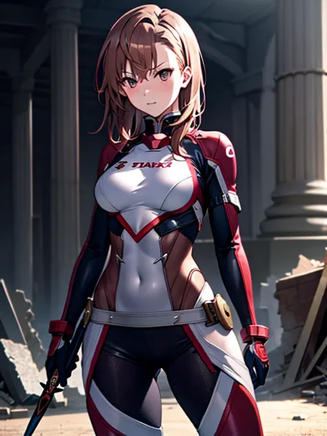 Misaka Mikoto、ruins、dagger、Tight Combat Suit, UHD, retina, masterpiece, ccurate, anatomically correct, textured skin, super detail, high details, high quality, best quality, highres, 4K