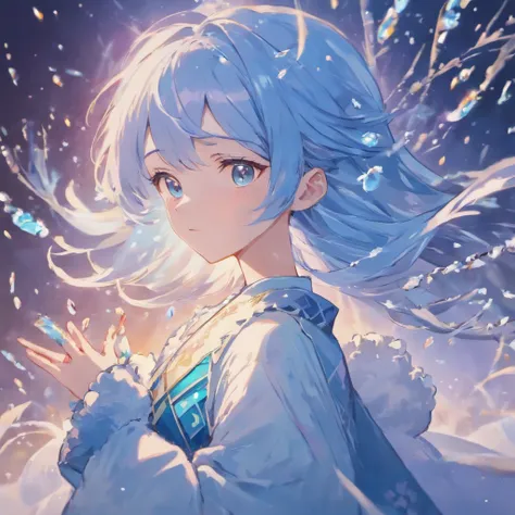 Make a female character with blue and white hair, bright diamond eyes and an ice flake in her hands 