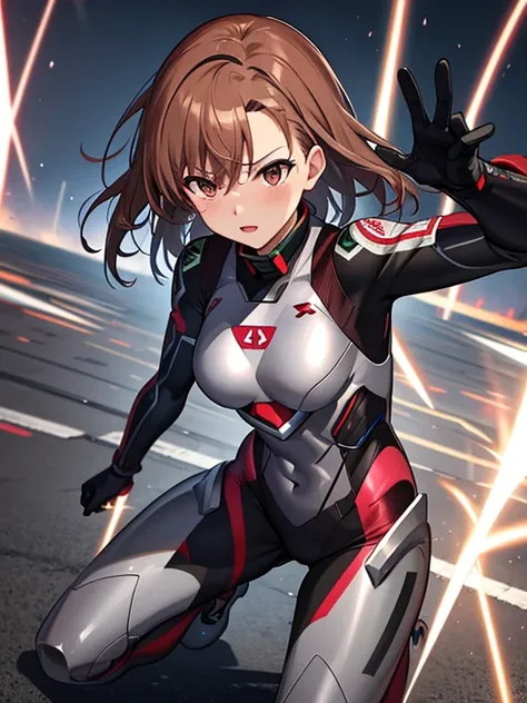 Misaka Mikoto、ruins、Plug Suit、Tight Combat Suit, UHD, retina, masterpiece, ccurate, anatomically correct, textured skin, super detail, high details, high quality, best quality, highres, 4K