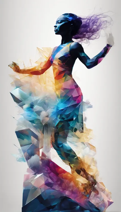 mega crystal kikro collaged dispersed image of a dancing girl on the podium in break dance style, glitch transformation in color gradient splitting and diffusion, micro mesh fractal orthogonal decor,