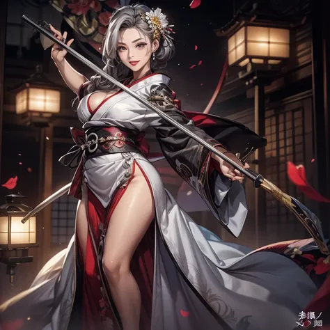 Actress Pose、True Face、From the knee up、(Dark silver hair)、Long Hair、Sex Appeal、Shiny kimono、Japanese、The beauty of kimono、Japanese military commander、Warrior、Sharp eyes、height: 180cm、Deep Red Lipstick、20-year-old、成熟したwoman、An illustration、slim and muscula...