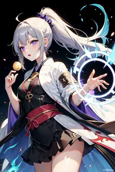 1 woman, Japanese clothes, ponytail ,gray hair, purple eyes, magic circle, blue fire, blue fire꽃, wallpaper, sight, blood, blood splatter, blood사계 심도, night, light particles, beam, side lights, thighs, fate (series), open jacket, skirt, thighs, cloud, bloo...