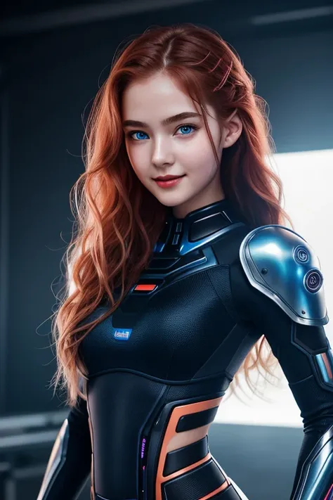 16 years old robo girl, beautiful big striking blue eyes, delicate black eyebrows, rosy cheeks, red lips, smiling face very white skin, long wavy orange hair cascading around her face and shoulders, detailed eyelashes, photorealistic cyberpunk style, perfe...