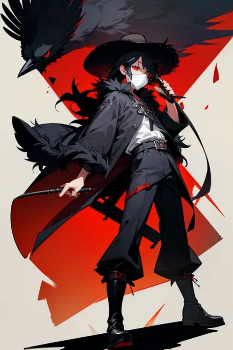 12 year old boy, black hair, red eyes, full body, straw hat, raven fur coat, belt, raven diaper, black boots, farmer, pitchfork, eye patch, mask,