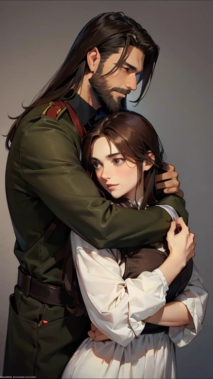 2 characters: a man with a neat short beard and medium-length dark brown hair and a woman with very tousled dark brown tousled long hair hug each other, Brother and sister, family hugs 