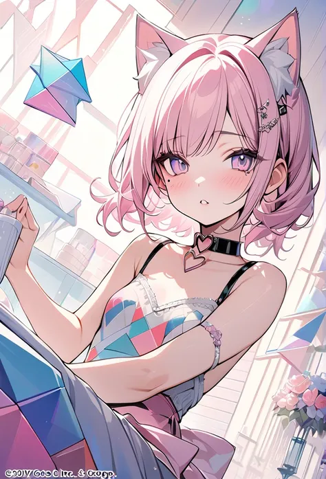 ,beautiful flower々）,mole under eye, heart shaped choker, (masterpiece, highest quality), official art, beautiful and aesthetic: 1.2), (1 girl), very detailed, (geometry art: 1.3), colorful、pink bob hair、Cat ear、 Small breasts