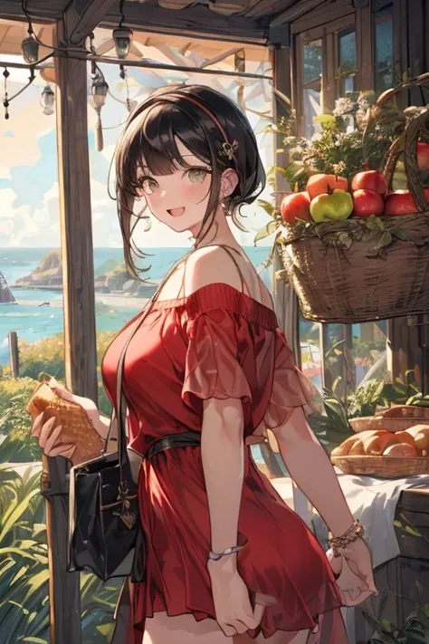 (perky chest:1.2), (pointed chest:1.2),(farmhouse entrance:1.3),(((Red Tunic:1.3))),(((apples and bread in the basket),Cute and beautiful girl,Cute round face,Cute smile,with blush cheeks,Red Lip,solo, looking at viewer, open mouth, have a cute grass of cu...