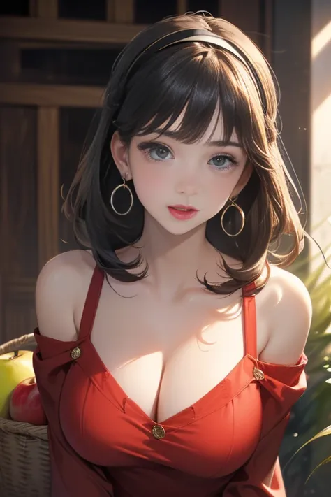 (perky chest:1.2), (pointed chest:1.2),(farmhouse entrance:1.3),(((Red Tunic:1.3))),(((apples and bread in the basket),Cute and beautiful girl,Cute round face,Cute smile,with blush cheeks,Red Lip,solo, looking at viewer, open mouth, have a cute grass of cu...