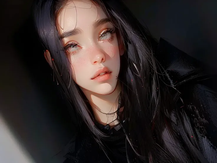 (Obra Prima, Melhor Qualidade, 4K, Realista), Litografia realista, arafa woman with long black hair and a black sweater, sem maquiagem, selfie de uma jovem, 18 anos de idade, Violeta Myers, foto de perfil com headshot, rosto perfeito ), 1 6 anos, o bebedor...