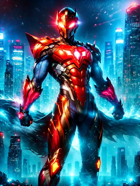 a tall superhero, standing confidently in his suit that glows with radiant energy. his suit is red and silver with glowing yello...