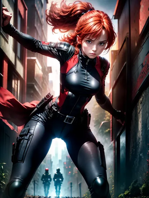 a young red-haired female character，wearing a black tight combat suit，the belt is full of small tools，she strikes a vigorous fig...