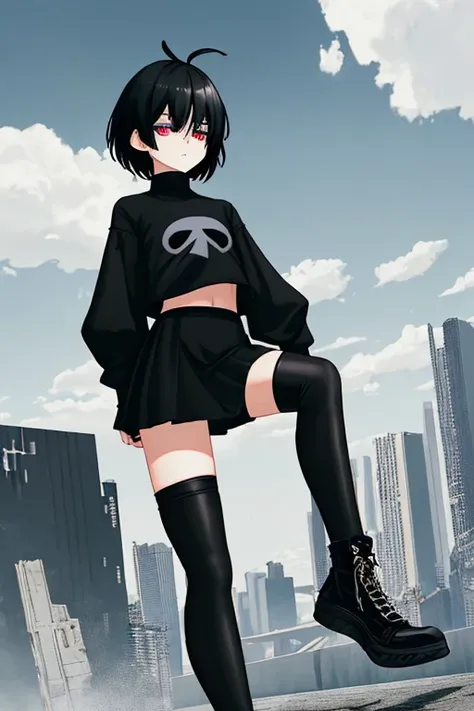 Giant femboy, long black thigh-high stockings, black arm warmers, black top, black skort, black converse boot sneakers, clouds on the wrists, short black broken hair, Latin, Latin, tiny city