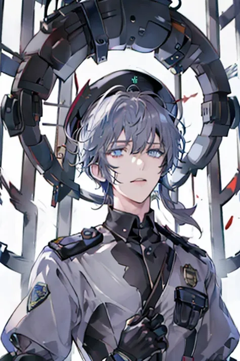 1 young male，blue eyes, short messy silver hair, bangs up，long cut eye，police uniform，hat，bite gloves，beautiful, handsome, cool,...