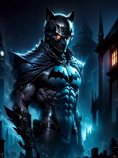 A dark and mysterious city at night, with gothic architecture that towers into the moonlit sky. In the foreground, a masked vigilante stands on a rooftop, overlooking the city. Dressed in a dark, armored suit, the vigilantes cape billowing in the wind. Thi...