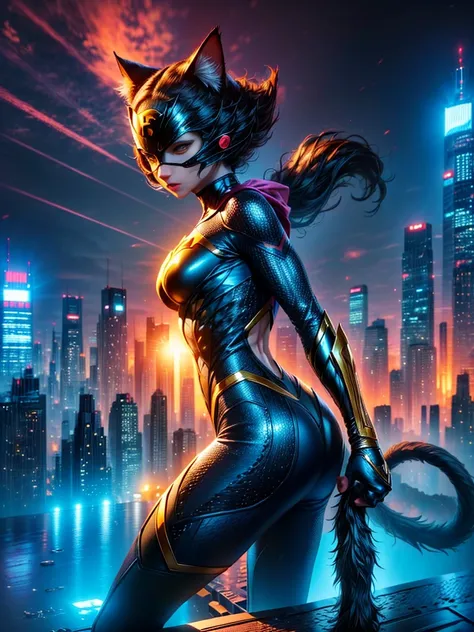 A superhero character resembling a cat, with vibrant colors and unique characteristics. The superhero should have a sleek costume, indicative of its feline inspiration, with visual elements such as a tail, ears, and possibly claws. The surroundings are a c...