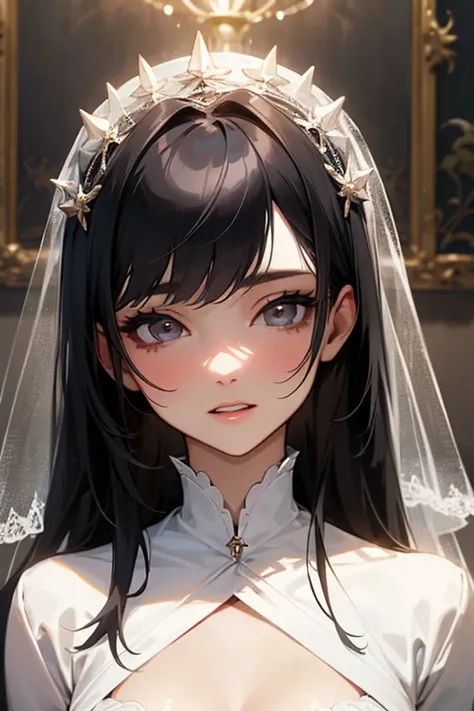 (Highest Resolution, clear_image) highest quality, Single person, One woman, alone, masterpiece, Very detailed, Semi-realistic, Black Hairのショートヘア, Black Hair, bangs, 18-year-old, mature, Wedding dress、Indoor Background, kind, Authoritative, Powerful, exqui...