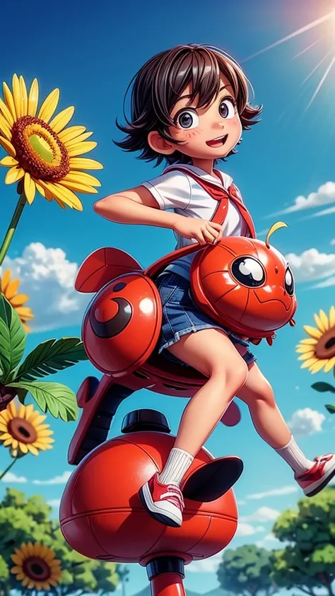 Cute junior high school student、Riding a big ladybug to school