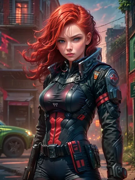 a young red-haired female character，wearing a black tight combat suit，the belt is full of small tools，she strikes a vigorous fig...