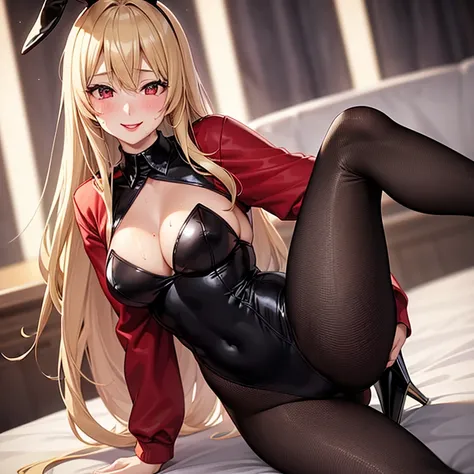 anime、30-year-old woman１people、Bunny Suit，Absolute area，POV，Blushing，Red lips，Sexy，Casino Background，smile、Sweat、lure、Sexyポーズ、Blonde、tights、アメリカpeople