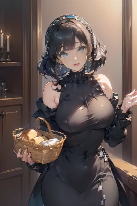 (perky chest:1.2), (pointed chest:1.2),(((Black Tunic:1.3))),(((cakes and bread in the basket),Cute and beautiful girl,Cute round face,Cute smile,with blush cheeks,Red Lip,solo, looking at viewer, open mouth, have a cute grass of cute beergrass,black hair,...