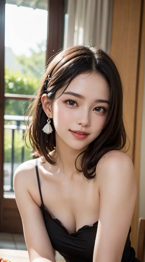 best quality, On the table, Ultra-high resolution, (Reality:1.4), RAW photos, 1 Girl, potassiumｰPop Idol, short hair, indoor, Summer Noon,delicate eyes,(Realistic eyes),delicate face,realspotassiumin,Fine hair,Detailed spotassiumin,Pretty Face,Smile、((beau...