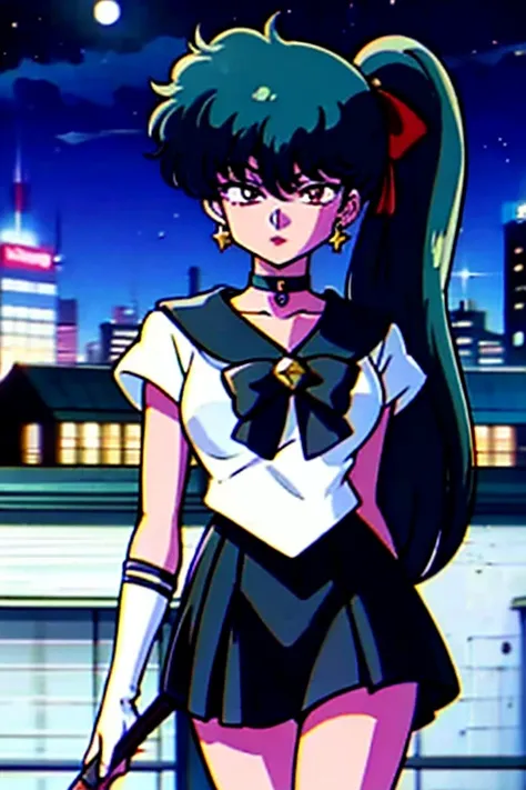 masterpiece, best quality, 1girl, solo, looking at viewer, facing viewer, night, rooftop, city, cityscape, anime screencap,1990s...