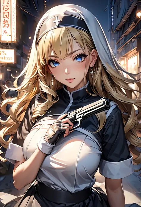 (Perfect Anatomy)、Mastepiece、Ultra High Quality、 8K、Photorealistic、masterpiece、highest quality、Ultra-high resolution、Maximum resolution、Very detailed、Professional Lighting、anime、Adult female、thin、so beautiful、Nuns、Sister Costume、Equipped with a handgun、両手に...