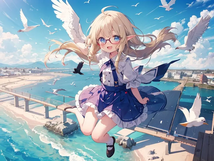 sitting on the balloon, sky, flying, ((little girl)), ((loli:1.5)), ((solo)), blue eyes, beautiful detailed eyes, glossy blonde hair, ahoge, long hair, glasses, elf, blush, happy smile, full body, ((windy:1.5)), ((birds)), :d, spread arms, ((from above))