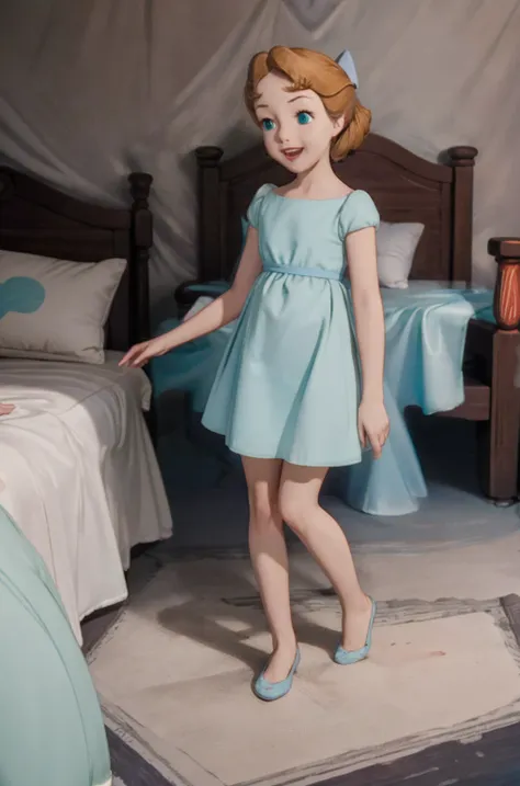 (masterpiece:1.4), (best qualit:1.4), (high resolution:1.4), wendy darling, bow, nightgown, standing on bed, happy,