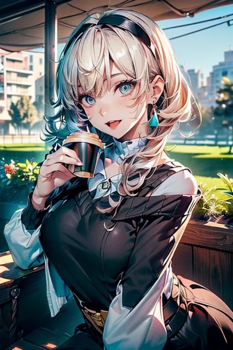 (perky chest:1.2), (pointed chest:1.2),(((Black Tunic:1.3))),(((cakes and bread in the basket),Cute and beautiful girl,Cute round face,Cute smile,with blush cheeks,Red Lip,solo, looking at viewer, open mouth, have a cute grass of cute beergrass,black hair,...