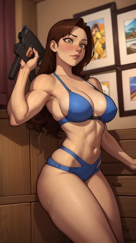 A closeup of a woman in a bikini holding a gun, fofosexyrobutts, lovely Brigite de Overwatch, wojtek fus, loba andrade de apex legends, muscular sweat Lara Croft, Lara Croft, corpo pin-up, art station masterpiece, bikini + equipamento militar esfarrapado, ...