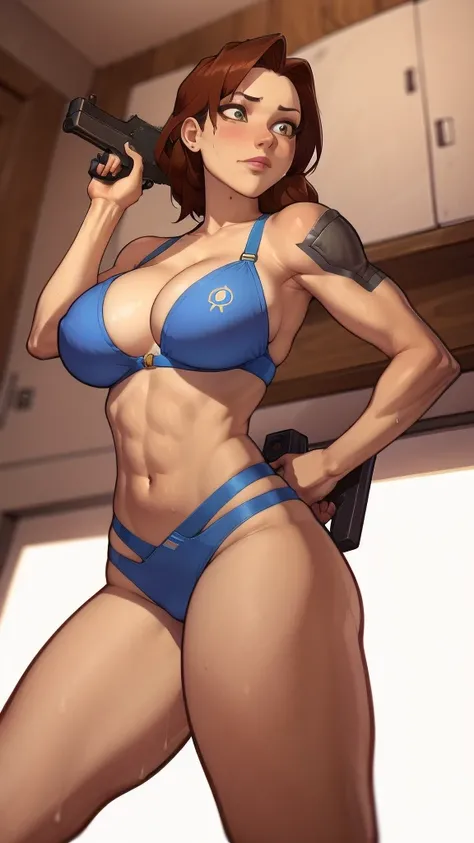 A closeup of a woman in a bikini holding a gun, fofosexyrobutts, lovely Brigite de Overwatch, wojtek fus, loba andrade de apex legends, muscular sweat Lara Croft, Lara Croft, corpo pin-up, art station masterpiece, bikini + equipamento militar esfarrapado, ...