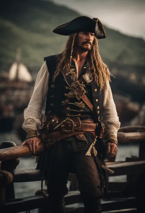 Cool pirate, male, The muscles are just right, He has a gun, The background is the sea and ships