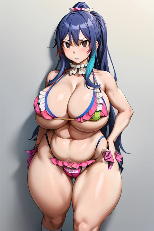 One Girl,Precise five fingers,{Knee-high socks}、(((Wide Hips)))、 (((Plump thighs)))、((Big Ass))、(Big Breasts) Embarrassed look,whole body、Long Hair、Sexy pose,Multicolored Hair、Long Hair、(((Frilled bikini)))