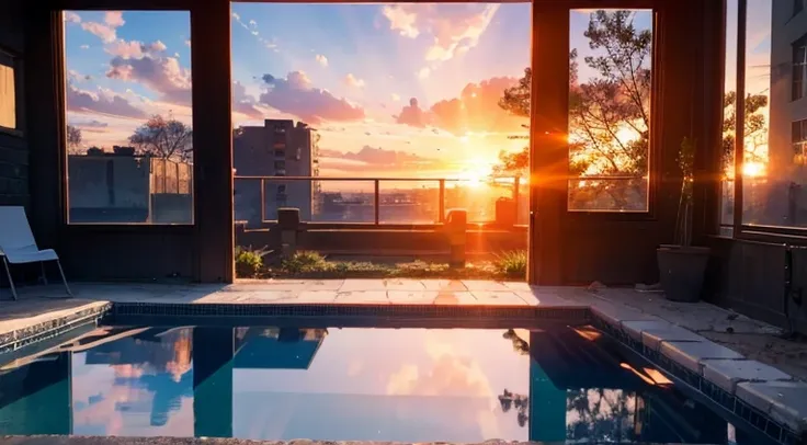 (8K), (Best Quality), (Mastepiece: 1.2)　Sunset landscape, sunset，Pool，Visible from the window, Spartan room、 Against the backdrop of ruins