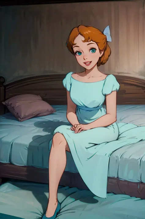 (masterpiece:1.4), (best qualit:1.4), (high resolution:1.4), wendy darling, bow, nightgown, sitting on bed, smiling,