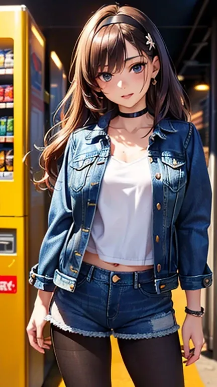 A girl is posing for a photo,pretty girl,Enchanting girl,Realistic young anime girl,
(((One Girl,Baby Face,16 years old))),

((How to wear a blue denim jacket properly:1.6), (Denim shorts:1.4)、(Black Pantyhose:1.4))、Black choker、ring earrings、((White Headb...