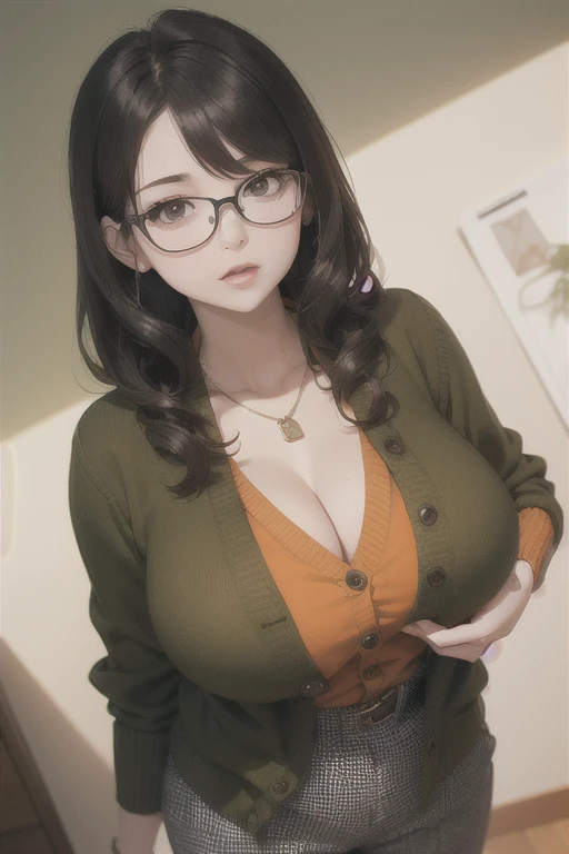 (masterpiece1.5),Adult lady,Huge breasts,One,(((Hair))), long hair, Half-open mouth,(glasses with red frames),(black hair), (Big eyes with double eyelids),(thick lip),(high nose),(High gauge (tight-fitting:1.1) (black:1.3) tortoiseshell neck:1.1), (filling...