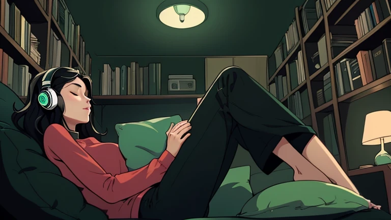 Beautiful woman in her 30s with black hair is sitting on the sofa with her eyes closed. and wearing headphones listening to music. Looking up, eyes closed, LOFI girl, alone in the room, pajamas cozy wallpaper, big cushion, bookshelf, relaxing mood, night c...