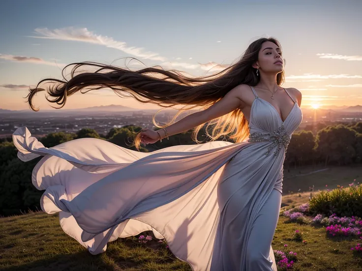 A majestic woman soaring gracefully through the sky, with long flowing hair trailing behind her. She wears an elegant, flowing gown that ripples in the wind, shimmering with shades of blue and silver. Her outstretched arms give the impression of freedom an...