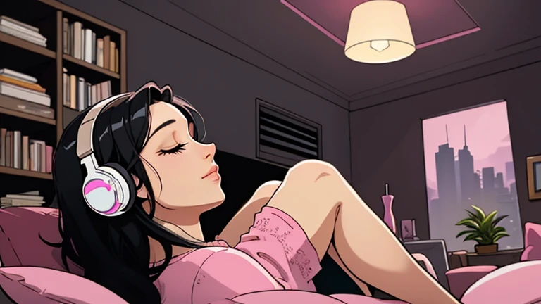 Beautiful woman in her 30s with black hair is sitting on the sofa with her eyes closed. and wearing headphones listening to music. Looking up, eyes closed, LOFI girl, alone in the room, pajamas cozy wallpaper, big cushion, bookshelf, relaxing mood, night c...