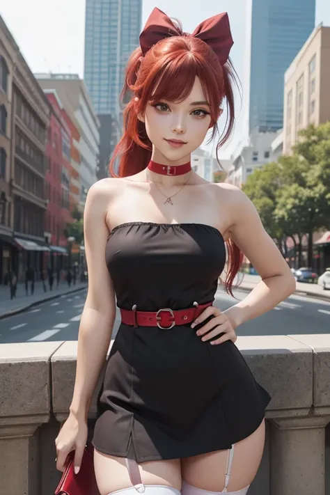 (masterpiece), best quality, expressive eyes, perfect face, (city background), (posing), (smirk), (closeup view), (1girl, age 18+, Belle Delphine, fair skin, red hair, long hair with bangs and big red bow, ponytail hairstyle, red eyes, hourglass figure, th...