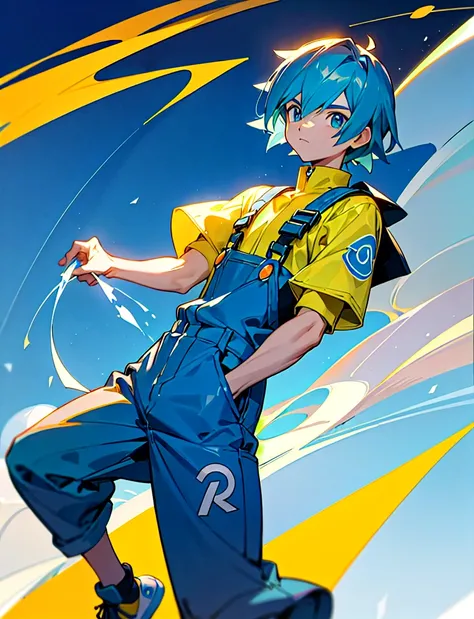 Treinador  masculino de pokemon gelo, Rockets organization, jumpsuit with an R on the front light blue, olhos azuis, cabelos azul, Nor Pokémon. Estando em um snowboard. The noodles must have the letter R on the front. Put the Letter R on his overalls